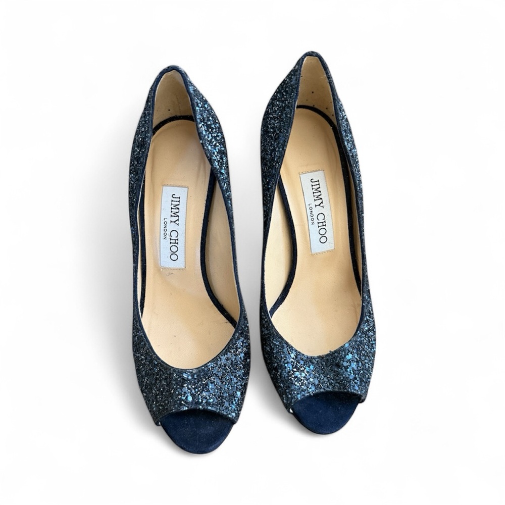 Jimmy Choo Navy Glitter Peep Toe Heels